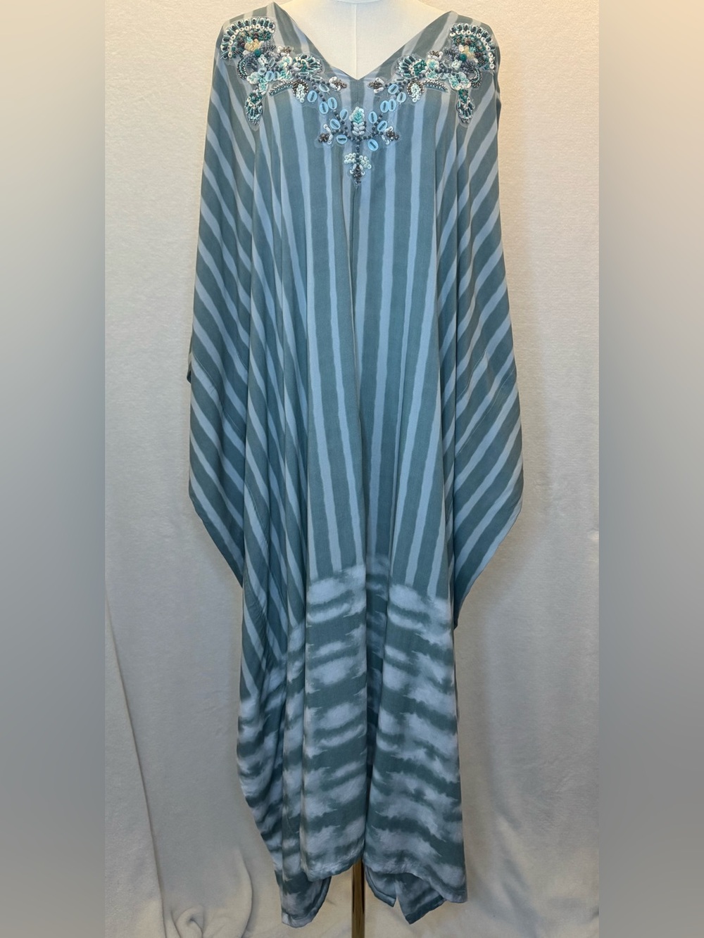 Soft Surroundings Harbor Caftan Beaded Teal Stripe Boho Cruise Maxi Resortwear